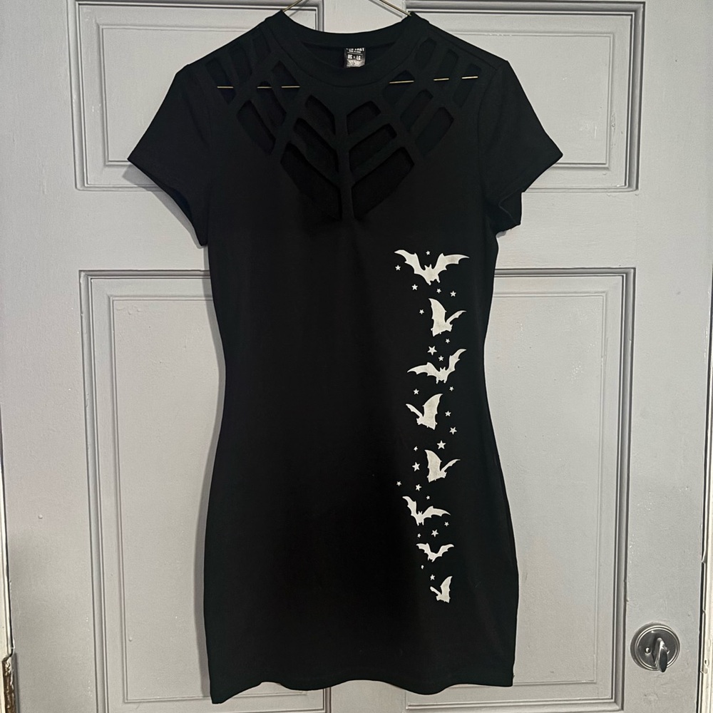SOLD Too Fast Black Mini Dress with Bat Side Print